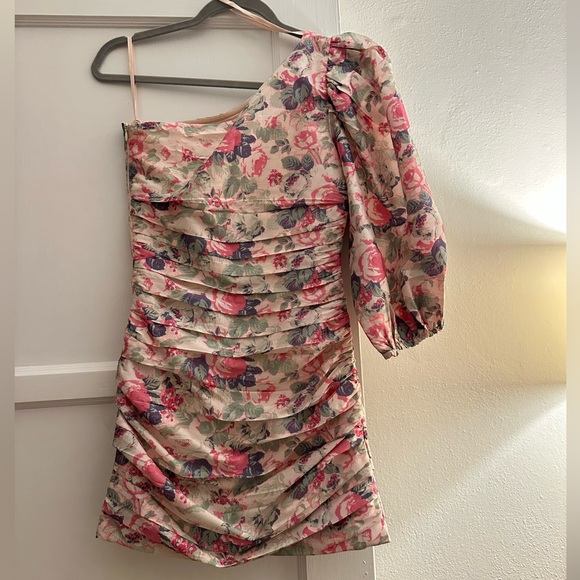 Loveshackfancy Altie One Shoulder Pleated Floral Print Satin Mini Dress - Picture 5 of 7
